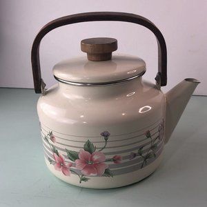 Vintage Yellow Enamelware Kettle Teapot Tea Kettle with Wood Handle & Lid Knob